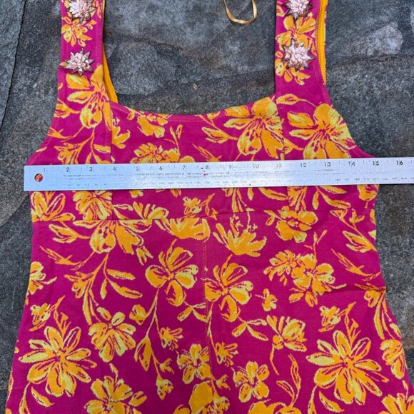 ZARA Floral Mini Dress M Pink Yellow Square Neck Embellished Straps - Picture 9 of 12